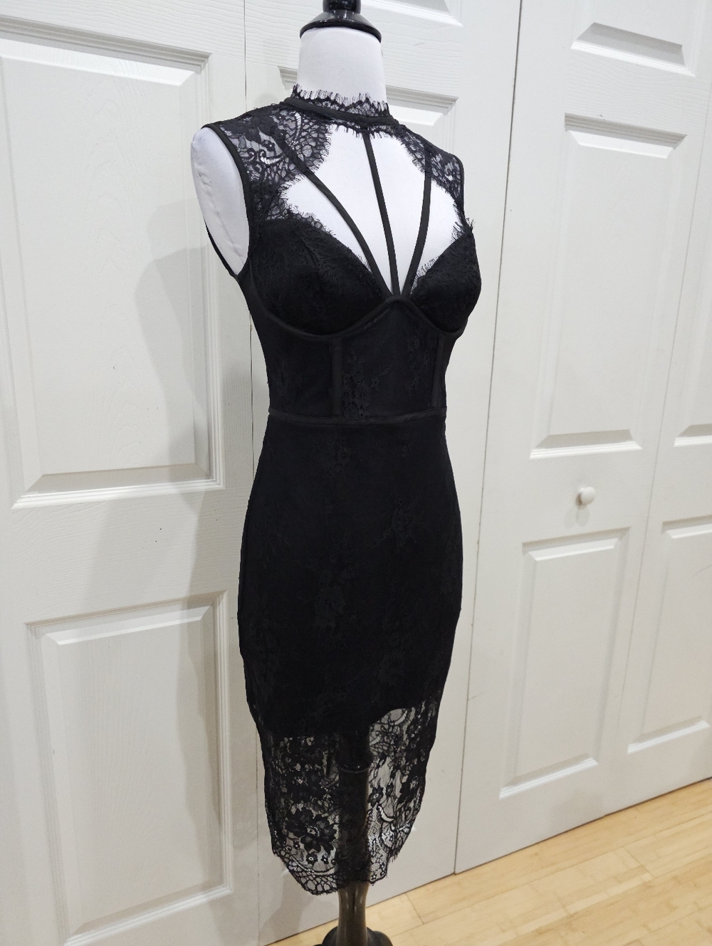 Vintage Y2K Goth Witchy Sexy Bebe Strappy Lace Corset Little Black Dress 00 XXS - Picture 2 of 16